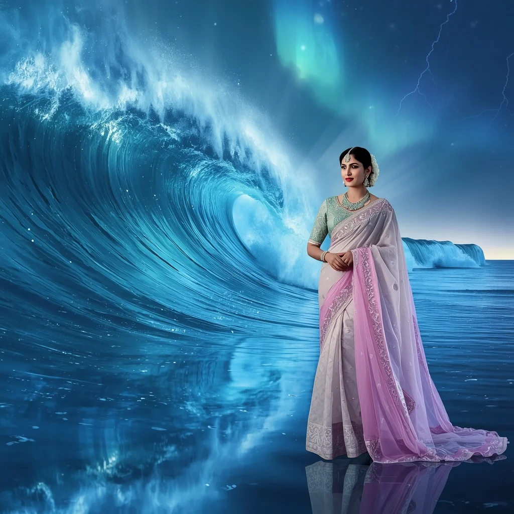 Festive Pastel Saree Reflective Aurora Crystal Sapphire Storm Ocean Collage Luxury | South Indian Prompt For Gemini Girl Instagram