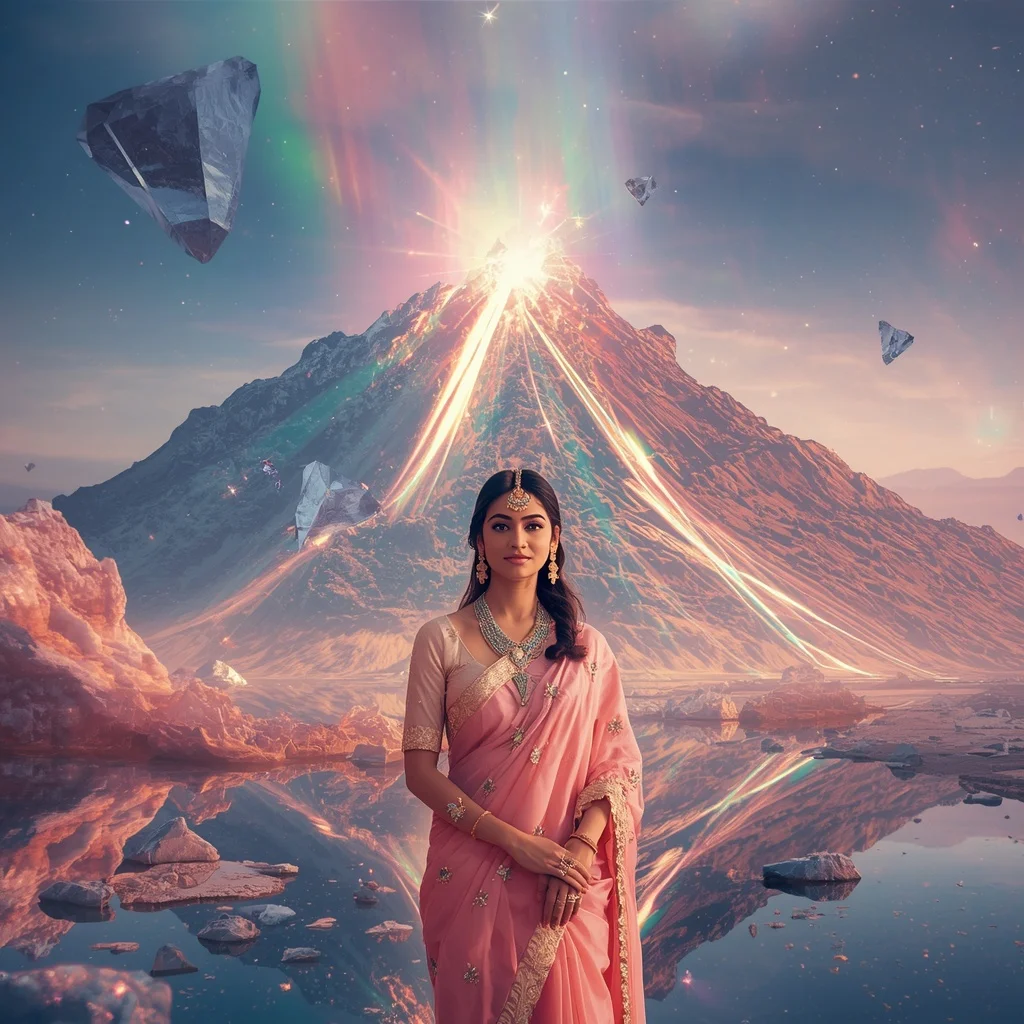 Festive Pastel Saree Reflective Crystal Aurora Volcano Collage Luxury | Image Prompt