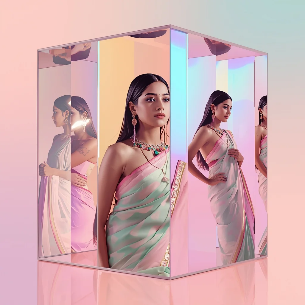 Festive Pastel Saree Reflective Glass Cube Collage Luxury Cinematic | Gemini Saree Prompt Photo