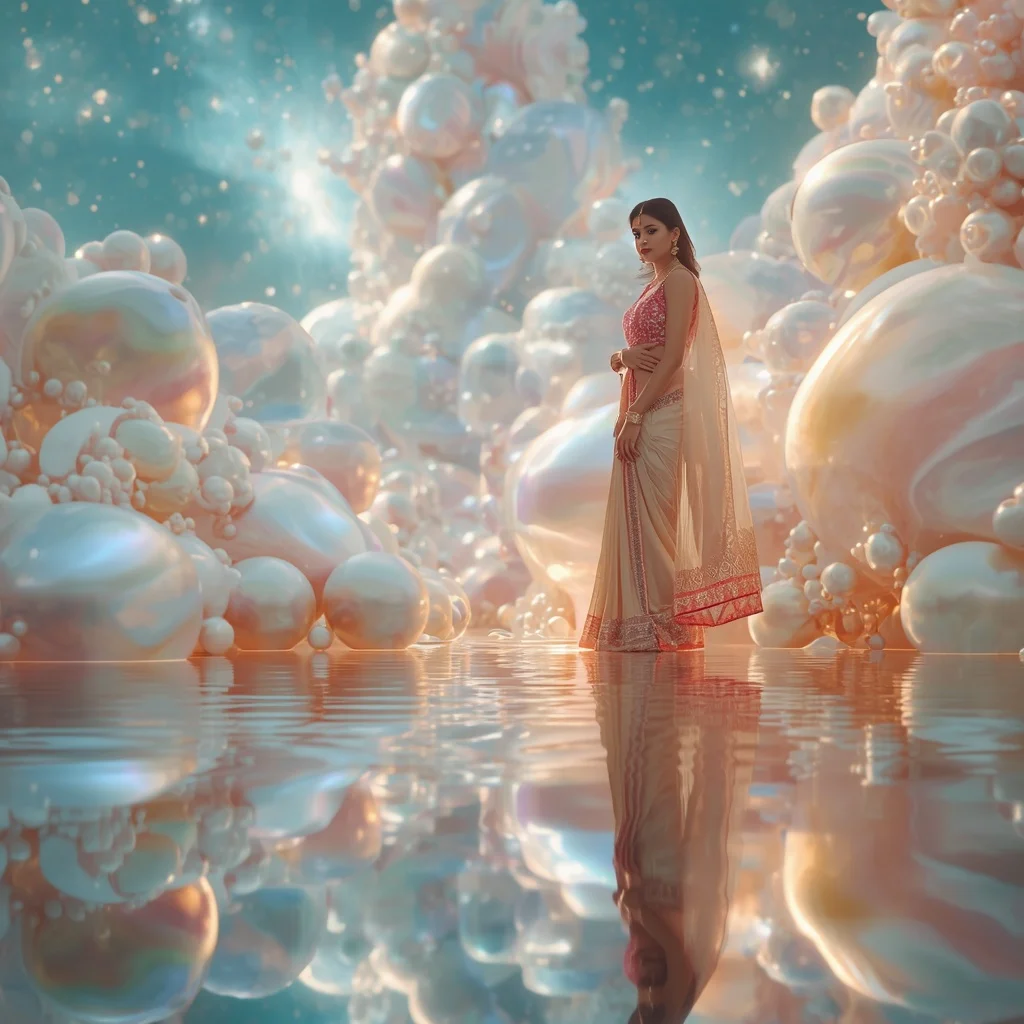 Festive Pastel Saree Reflective Pearl Aurora Bay Collage Luxury | Ai Prompt For Instagram