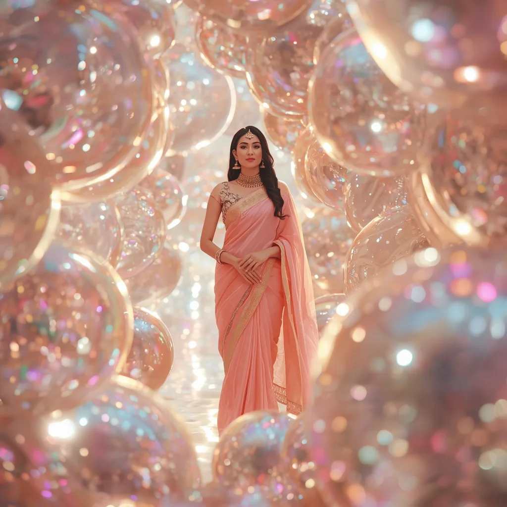 Festive Pastel Saree Reflective Pearl Aurora Universe Collage Luxury | Prompt Seen Trending Girl Instagram
