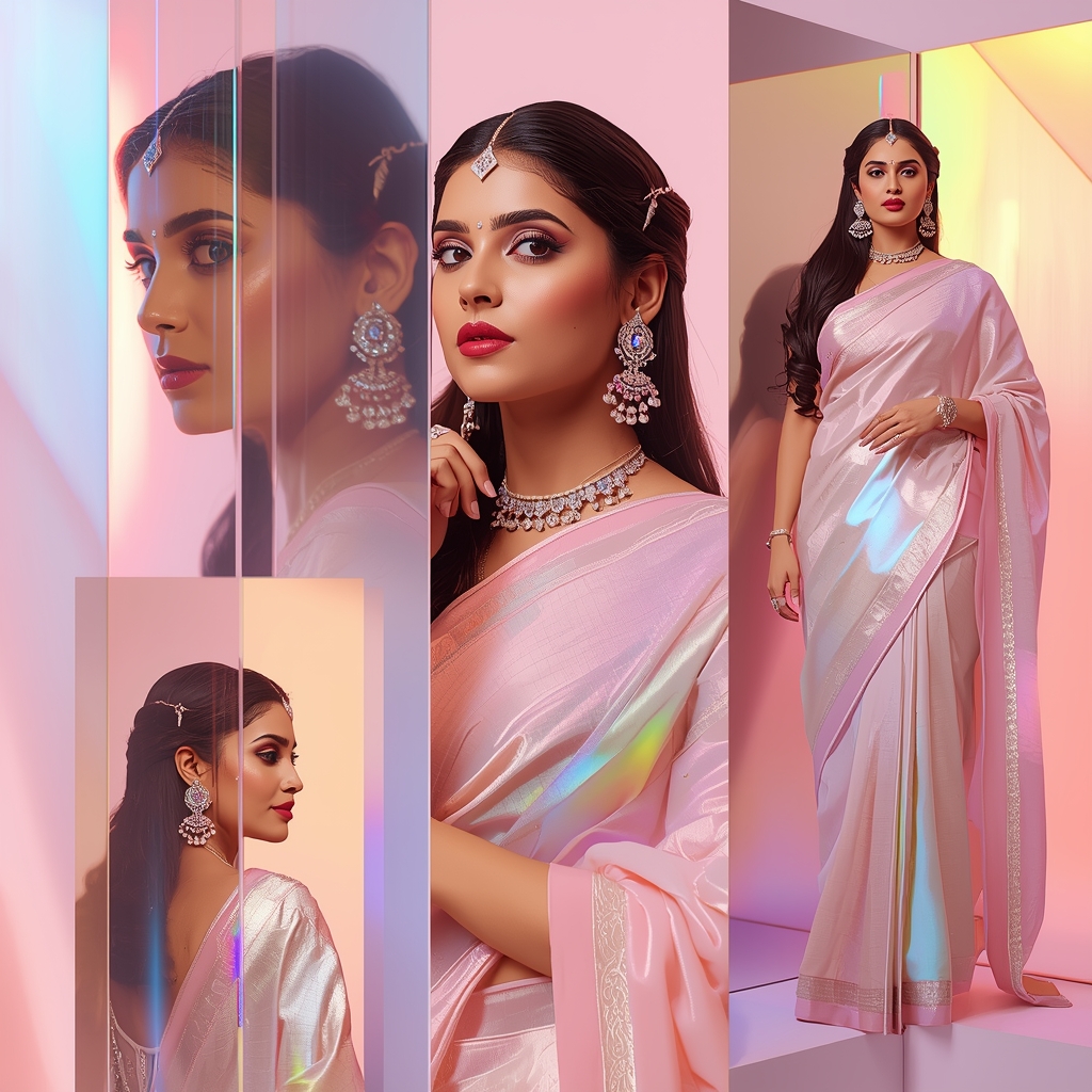Festive Pastel Saree Reflective Prism Panels Collage Luxury Cinematic | Saree Selfie Ai Prompt