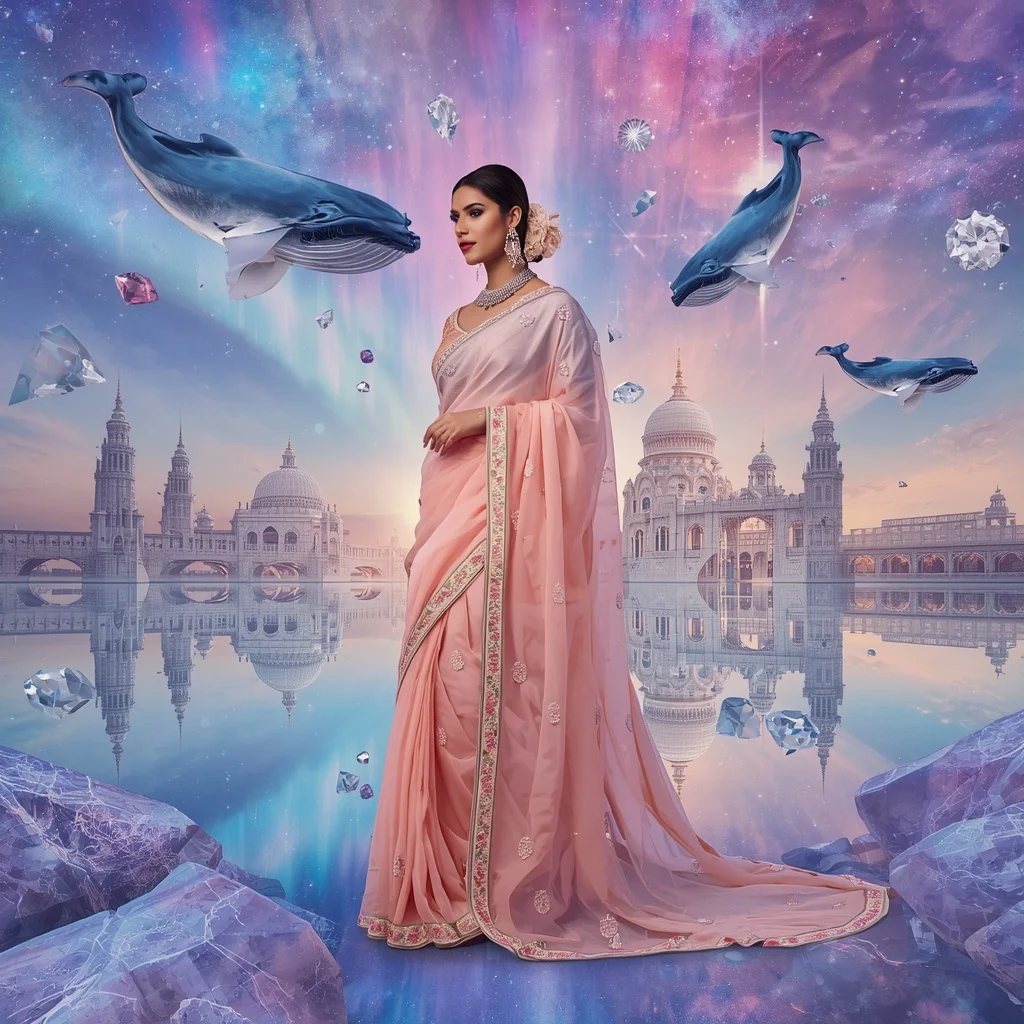Festive Pastel Saree Royal Crystal Aurora Whale Kingdom Collage Ultra Premium Couture | Prompt Seen Girl Photo Editing Chatgpt Download