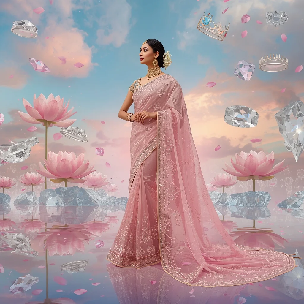 Festive Pastel Saree Royal Crystal Lotus Crown Paradise Collage Premium Couture | Editing Prompt Girl