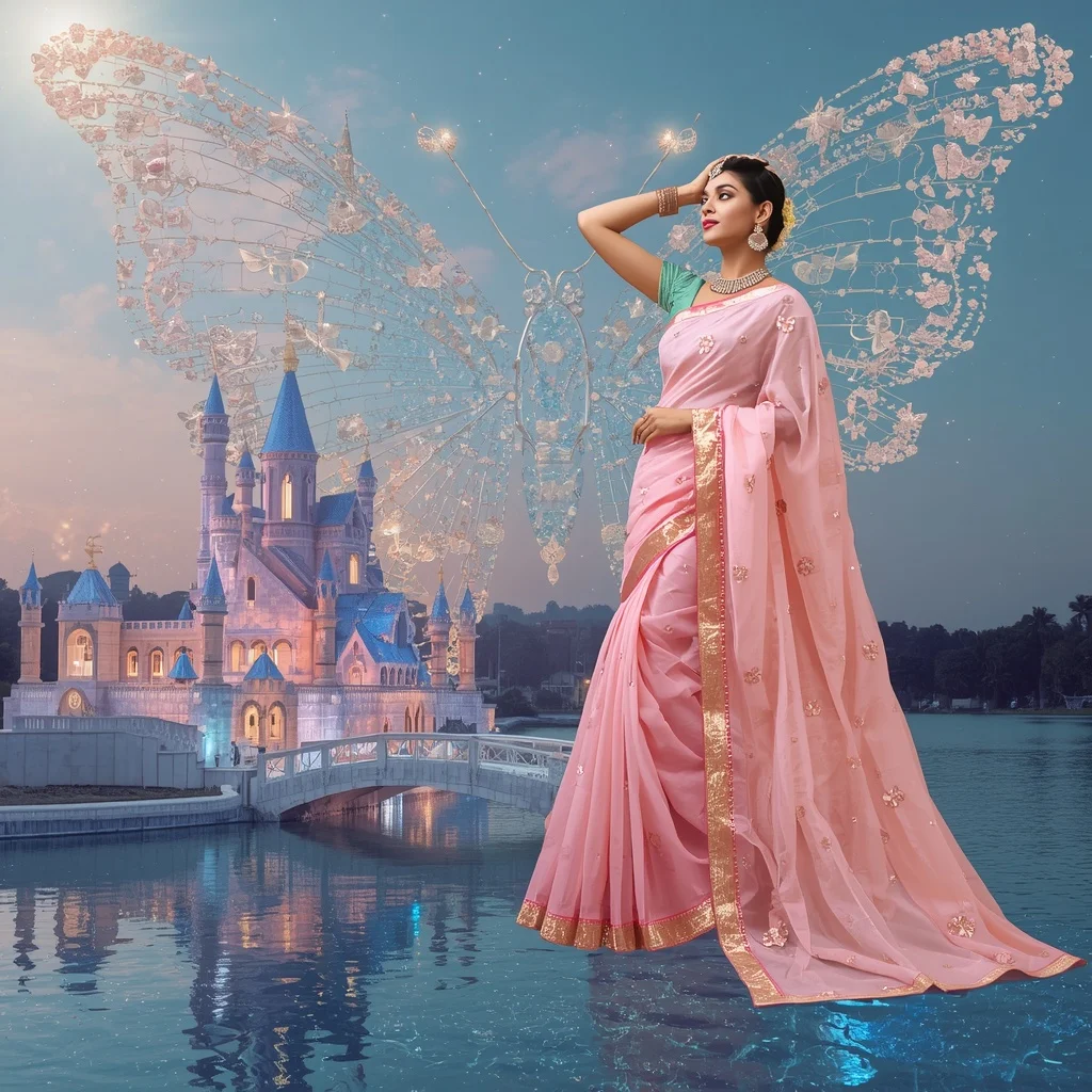 Festive Pastel Saree Royal Crystal Sapphire Butterfly Castle Collage Premium Couture | Instagram Viral Photo Ai Prompt