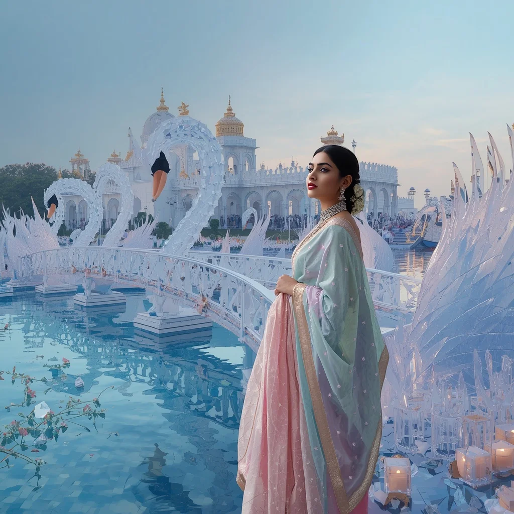 Festive Pastel Saree Royal Crystal Sapphire Swan Palace Collage Premium Couture | Prompt Generator
