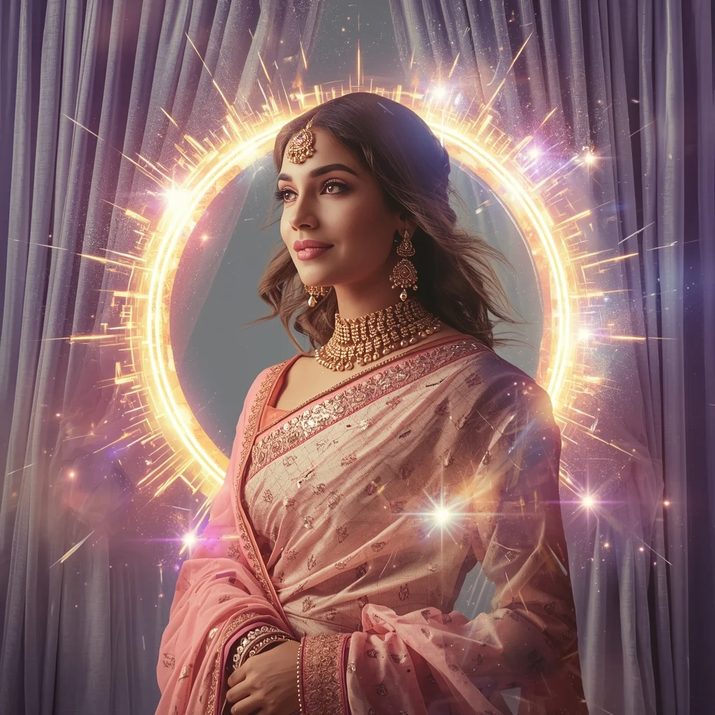 Festive Pastel Saree Royal Grand Magnetic Curtain Cosmic Burst Collage | Epic Dramatic Prompt | Saree Woman Ai Prompt