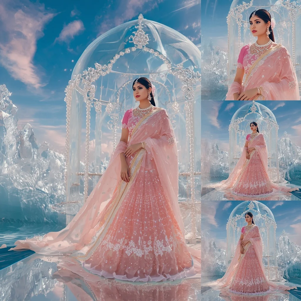 Festive Pastel Saree Royal Holographic Crystal Ocean Palace Collage Ultra Premium Couture | Desi Girl Ai Prompt