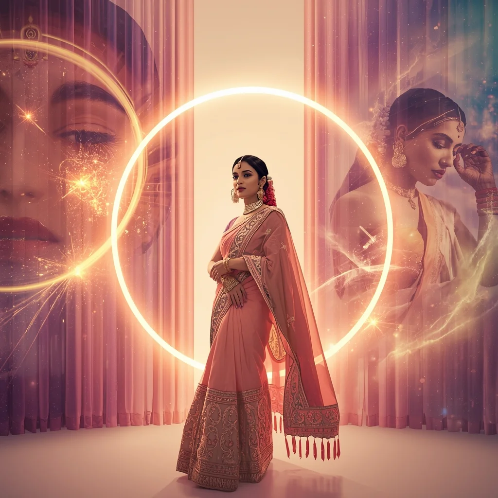 Festive Pastel Saree Royal Magnetic Curtain Cosmic Burst Collage | Grand Epic Prompt | Saree Prompt For Gemini Ai