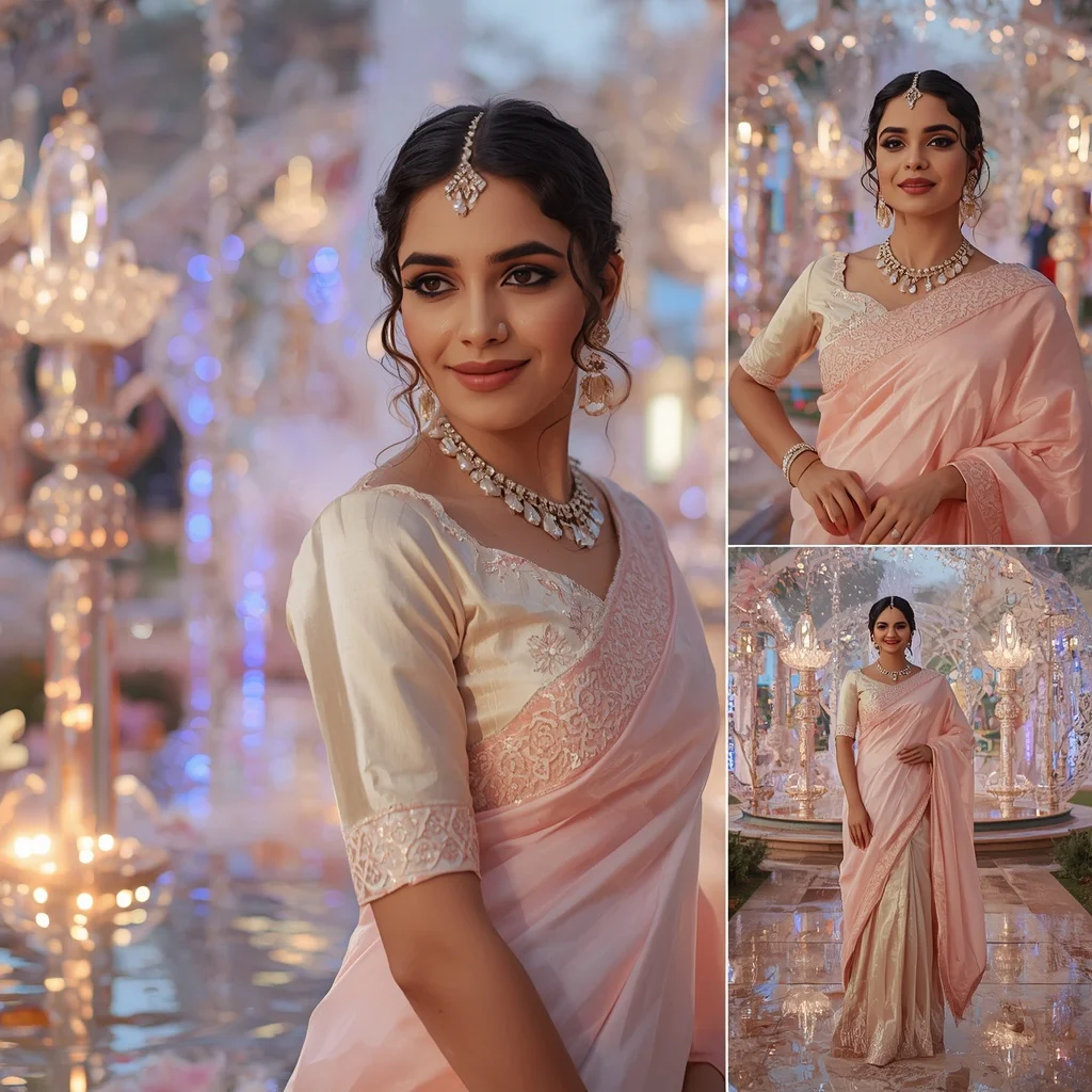 Festive Pastel Saree Royal Pearl Crystal Aurora Fountain Garden Collage Luxury Couture | Cinematic Ai Prompt