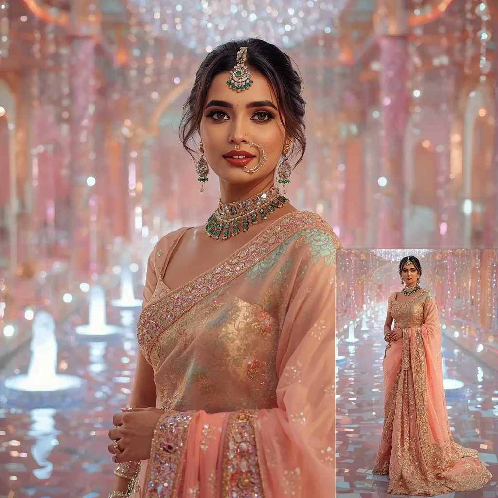 Festive Pastel Saree Royal Pearl Crystal Aurora Fountain Palace Collage Luxury Couture | New Instagram Trend Prompt For Girl Love Copy And Paste