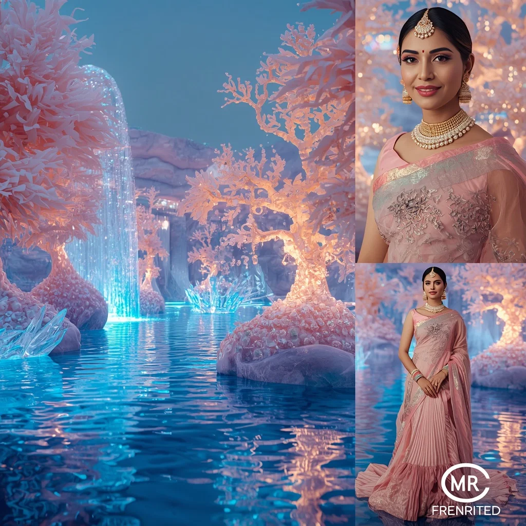 Festive Pastel Saree Royal Pearl Crystal Aurora Lagoon Collage Luxury Couture | Prompt For Traditional Look For Couple