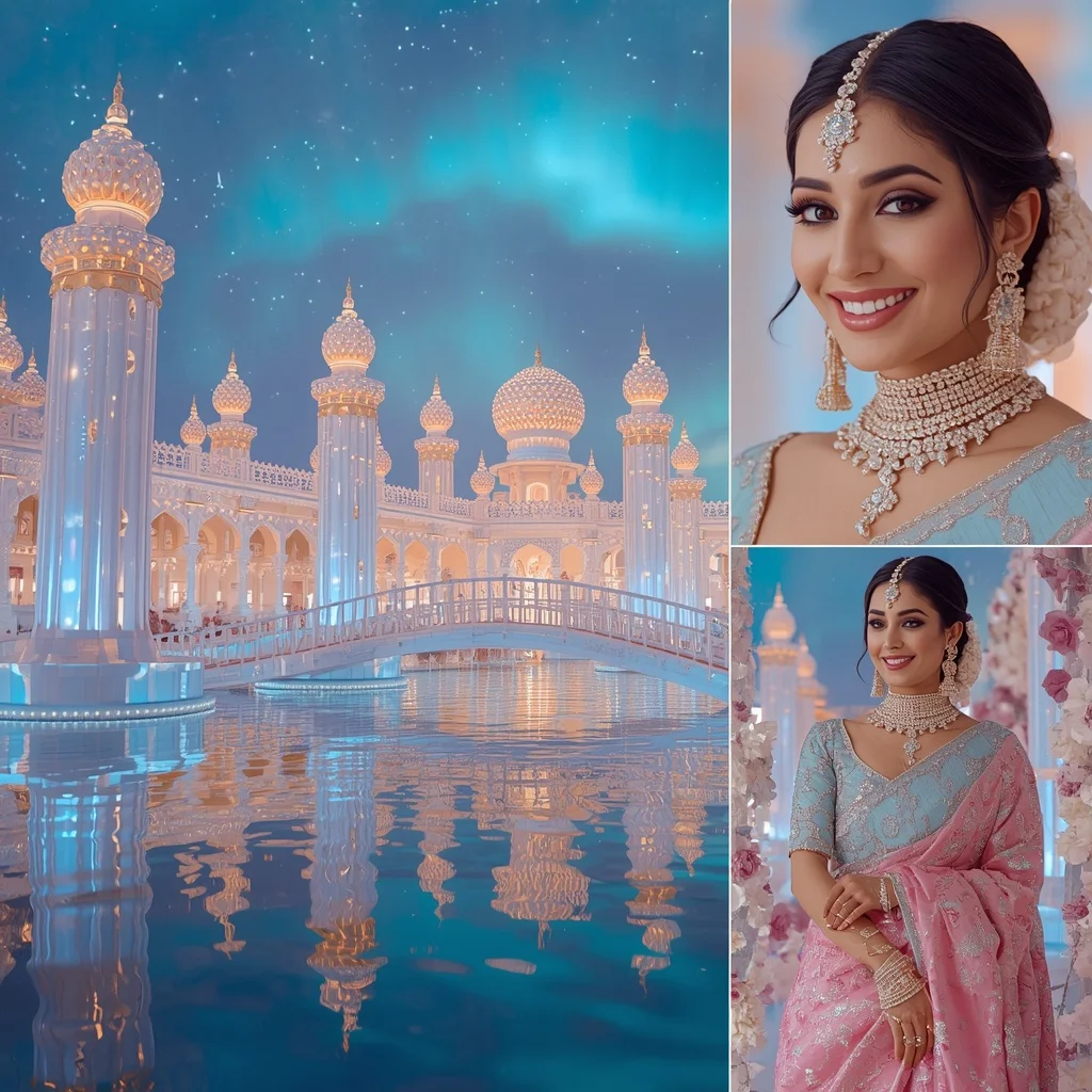 Festive Pastel Saree Royal Pearl Crystal Aurora Lake Palace Collage Luxury Couture | Instagram Photography Ai Prompt