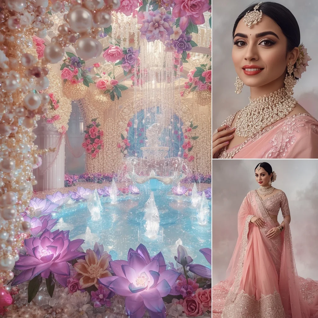 Festive Pastel Saree Royal Pearl Crystal Celestial Garden Collage Luxury Couture | Trending Prompt Girls Traditional