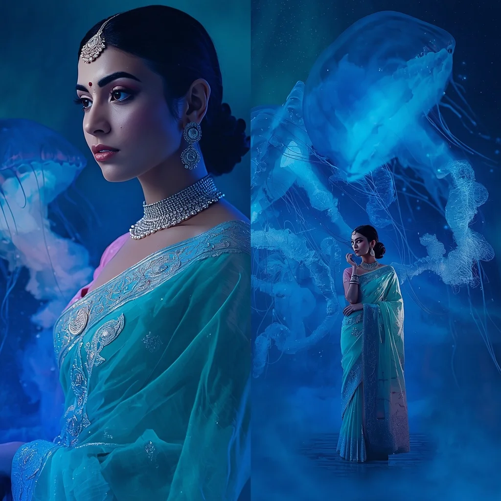 Festive Pastel Saree Sapphire Aurora Jellyfish Kingdom Collage | Image To Prompt