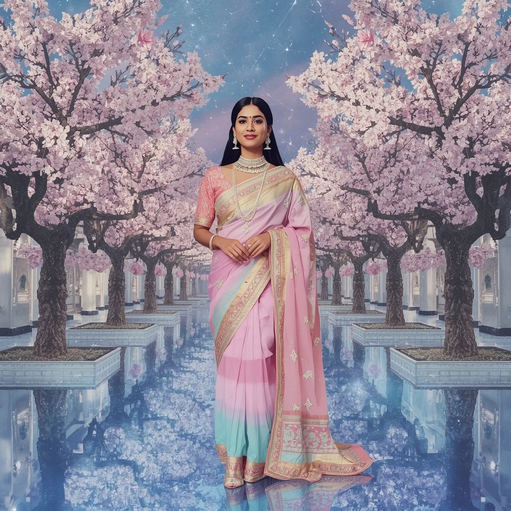 Festive Pastel Saree Sapphire Crystal Cherry Blossom Empire Collage Couture Luxury | Instagram Aesthetic Ai Prompt