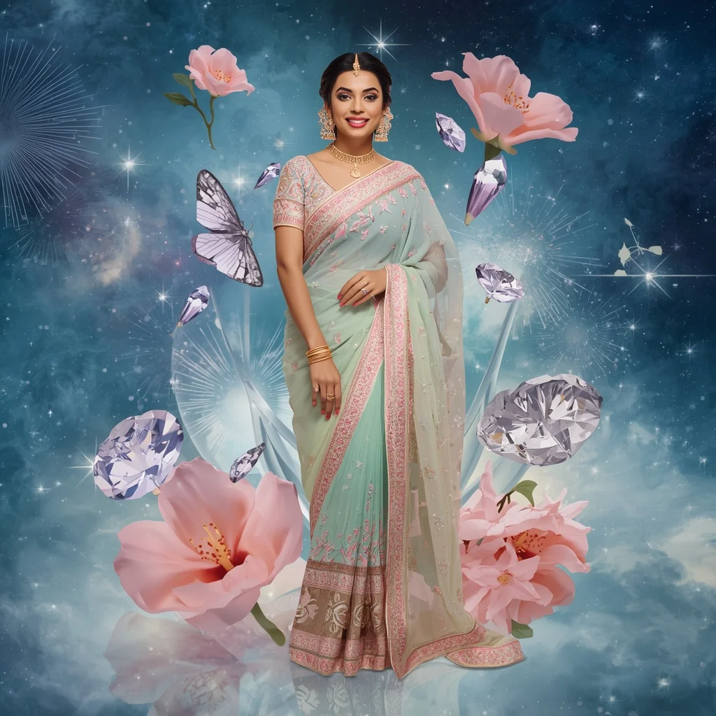 Festive Pastel Saree Sapphire Crystal Jasmine Nebula Empire Collage Couture Luxury | Prompt Seen Gemini Girl Instagram