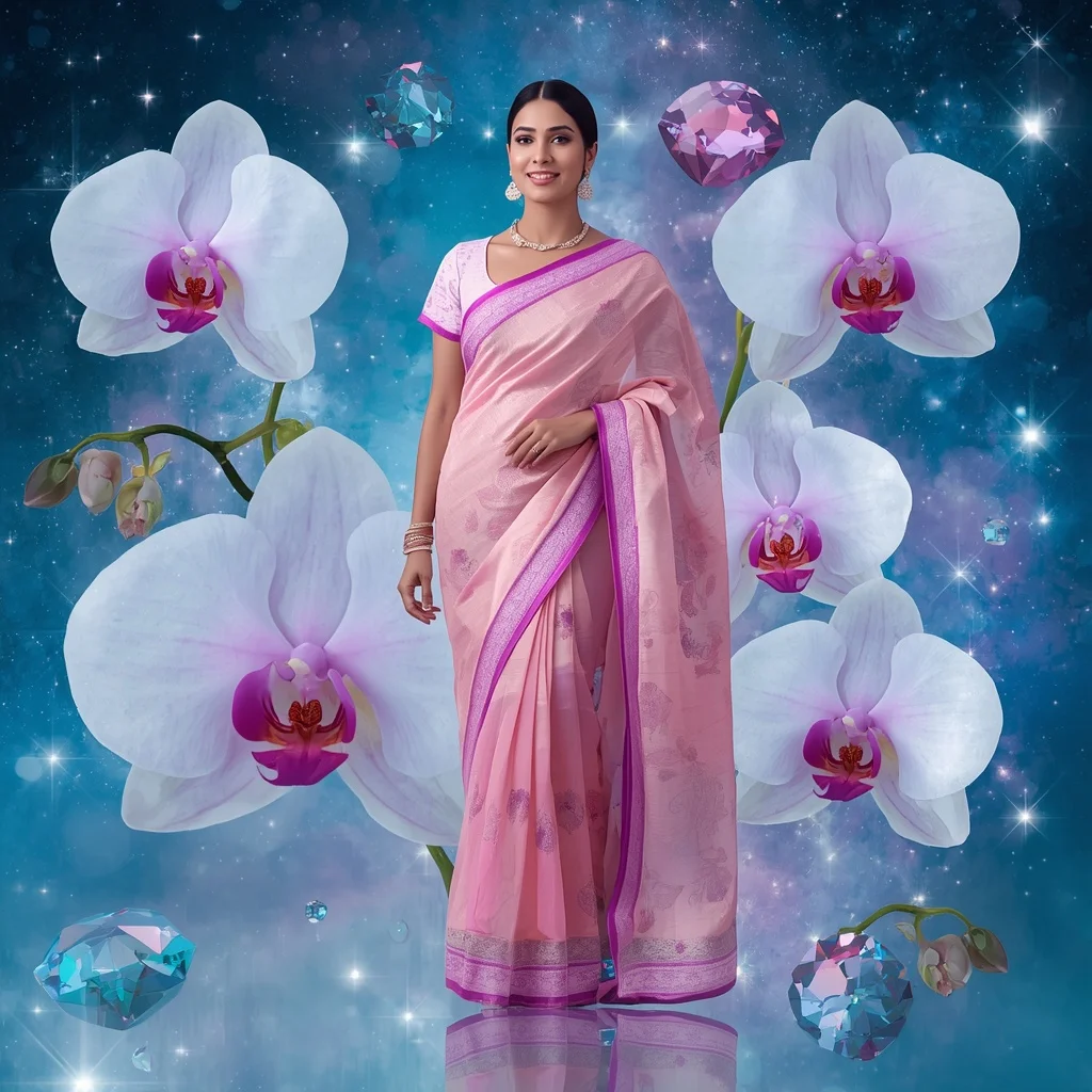 Festive Pastel Saree Sapphire Crystal Orchid Nebula Empire Collage Couture Luxury | Instagram Carousel Ai Prompt