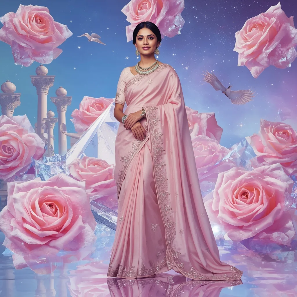 Festive Pastel Saree Sapphire Crystal Rose Constellation Empire Collage Couture Luxury | Prompt Seen Trending Girl 2026 Butterfly