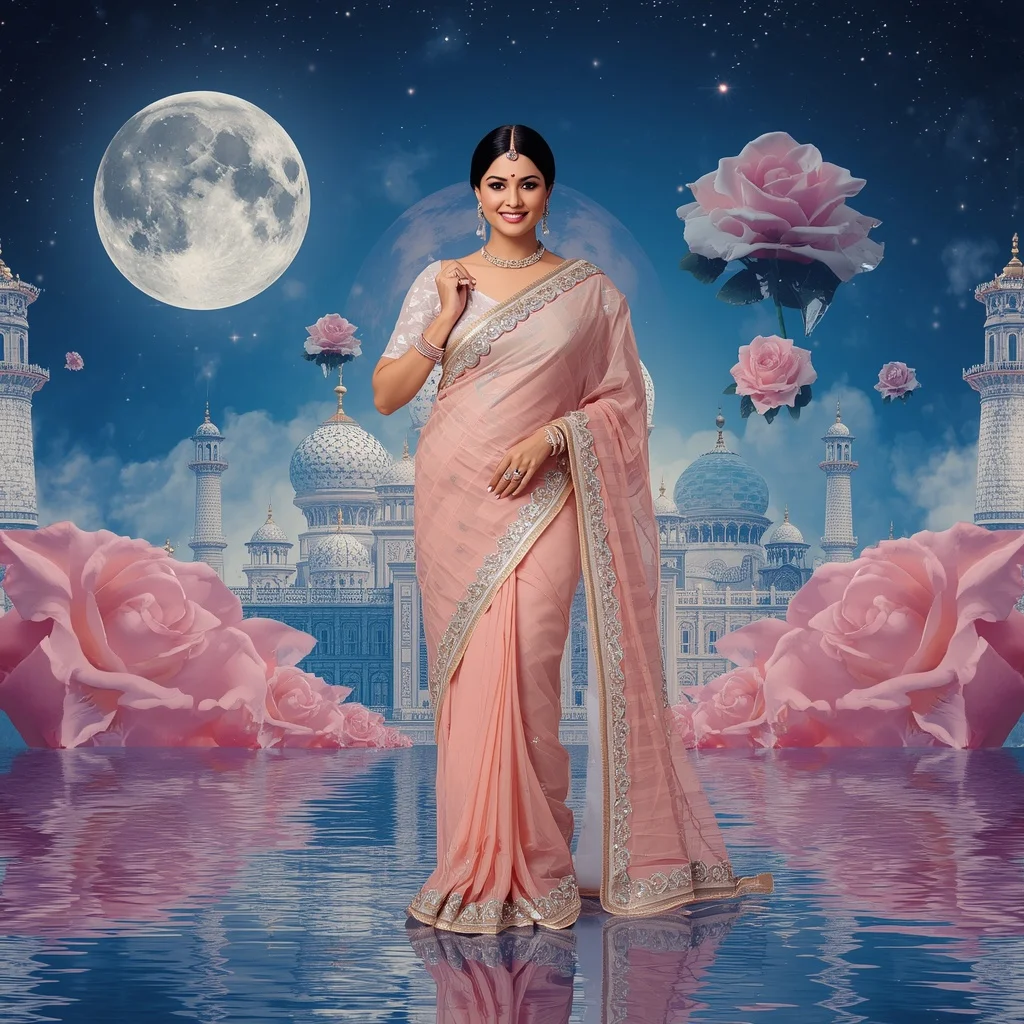 Festive Pastel Saree Sapphire Crystal Rose Moon Empire Collage Couture Luxury | Ai Gemini Photo Prompt