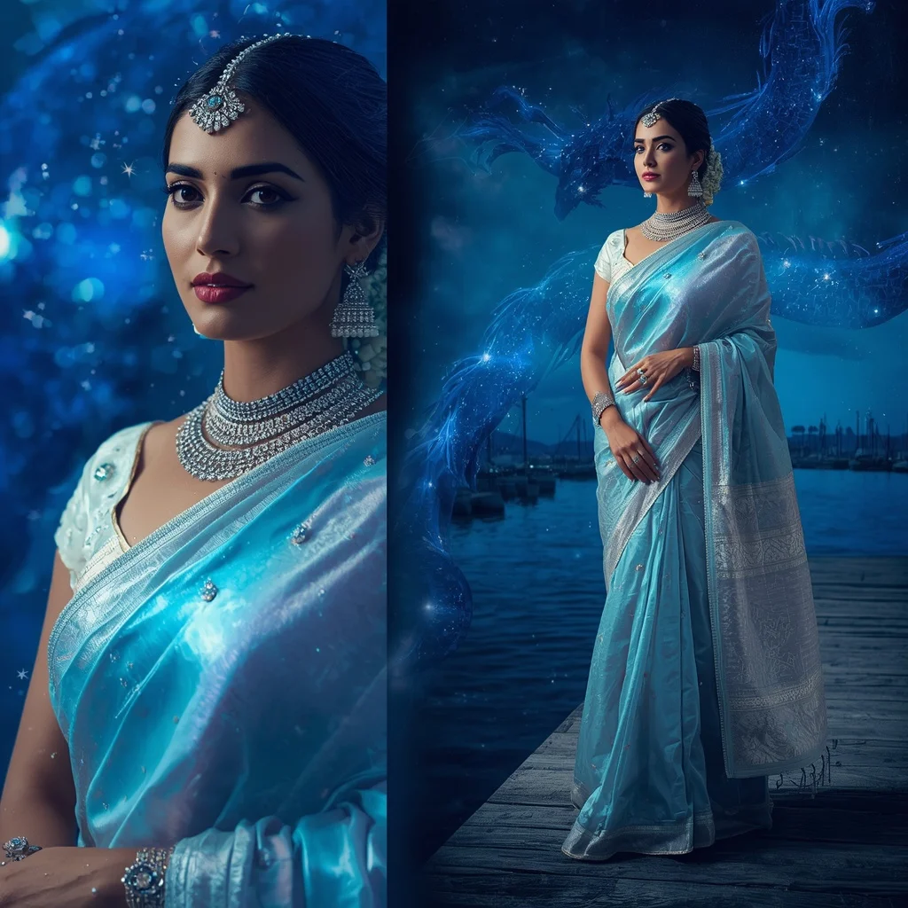 Festive Pastel Saree Sapphire Dragon Constellation Harbor Collage | Female Model Ai Prompt