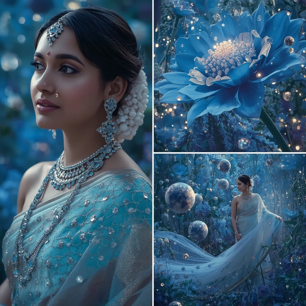 Festive Pastel Saree Sapphire Gravity Bloom Sanctuary Collage | Prompt For Gemini AI Girl Trending