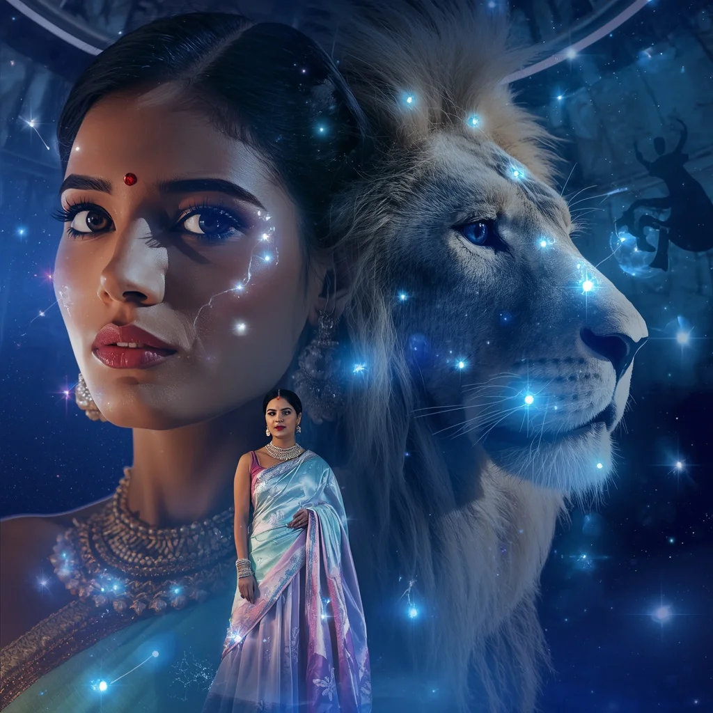 Festive Pastel Saree Sapphire Lion Planetarium Realm Collage Prompt | Prompt For Gemini Ai Saree Look Couple