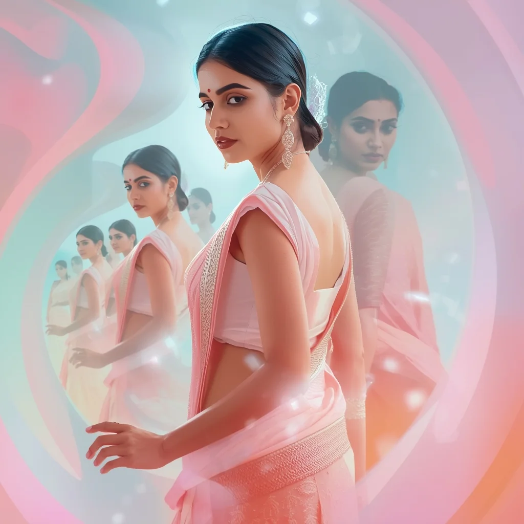 Festive Pastel Saree Sonic Energy Spiral Distortion Collage Modern Cinematic | Instagram Prompt For Girls In Saree