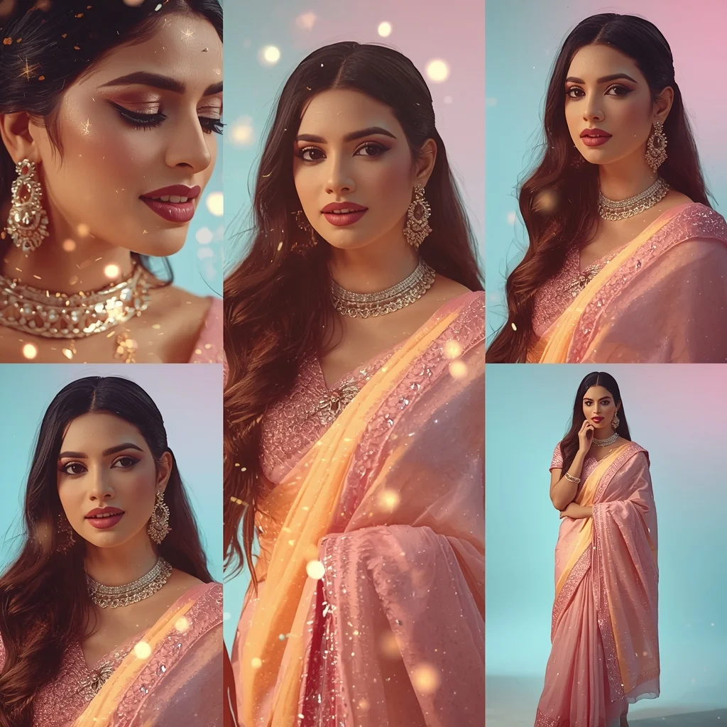Festive Pastel Saree Sparkle Dust Collage | Indian Girl Glitter Glow Aesthetic Soft Cinematic Viral Prompt | Saree Prompt
