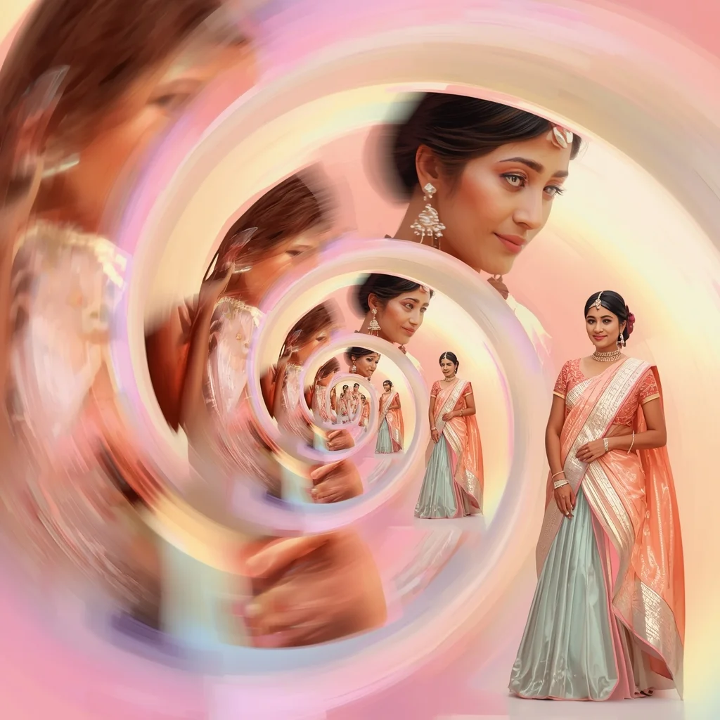 Festive Pastel Saree Spiral Collage Layout | Indian Girl Dynamic Motion Aesthetic Soft Cinematic Viral Prompt | Gemini Saree Prompt