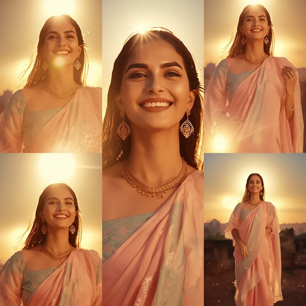 Festive Pastel Saree Sunflare Glow Pulse Orbit Flow Collage | Saree Whatsapp Dp Ai Prompt
