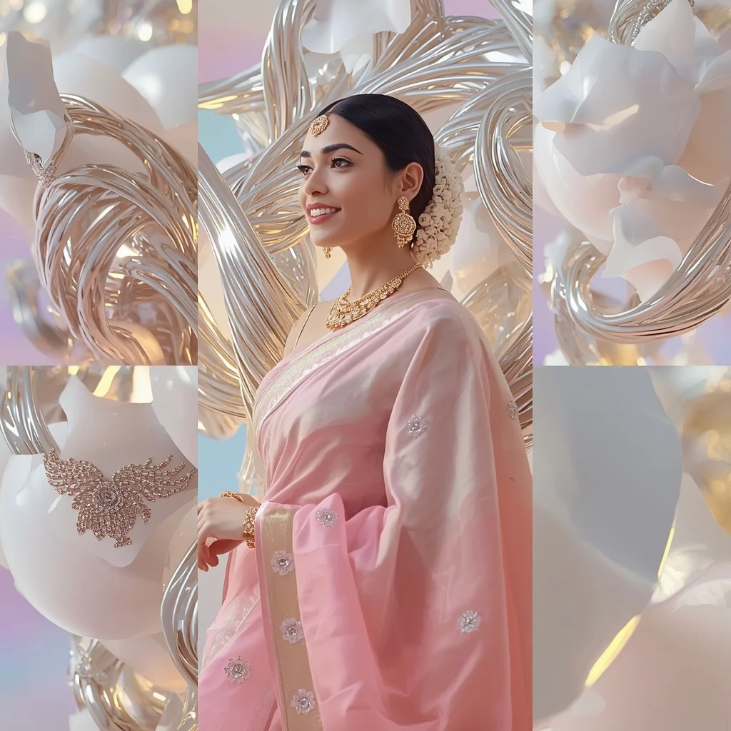 Festive Pastel Saree Suspended Platinum Porcelain Collage Premium Cinematic | Prompt For Traditional Look For Girl In English