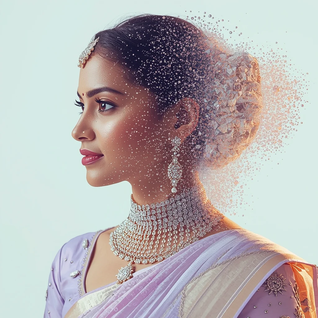 Festive Pastel Saree Swarming Nanobot Deconstruction Collage | Silver Sand Empress Prompt | Indian Bride Saree Ai Prompt