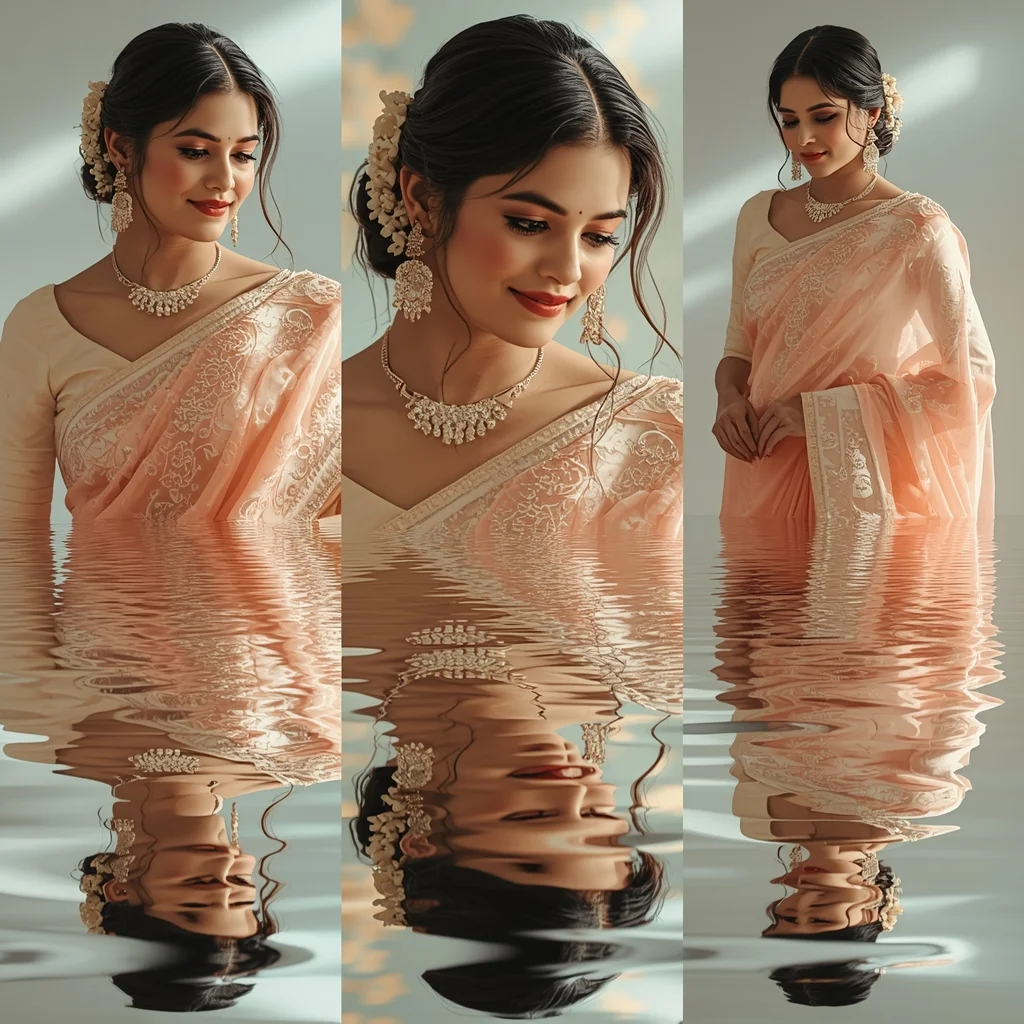 Festive Pastel Saree Water Reflection Collage | Indian Girl Mirror Water Aesthetic Soft Cinematic Viral Prompt | Saree Prompt For Gemini Ai