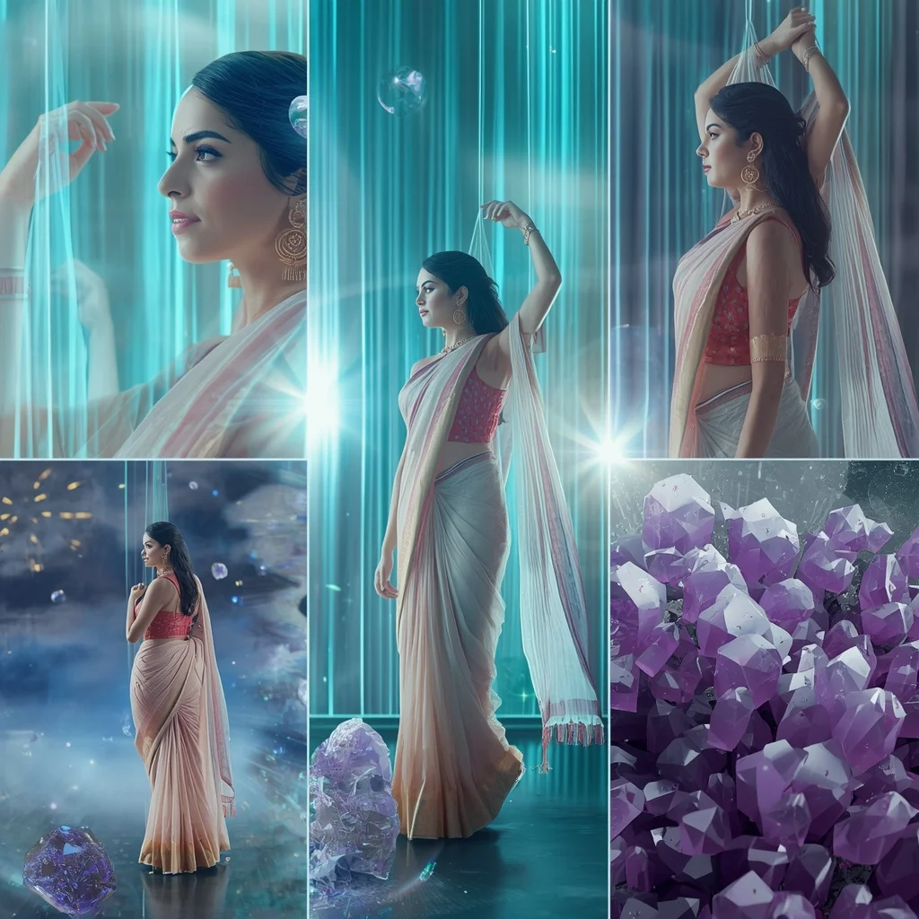Festive Pastel Saree Zero-Gravity Amethyst Matrix Collage Advanced Design | Prompt For Girls College
