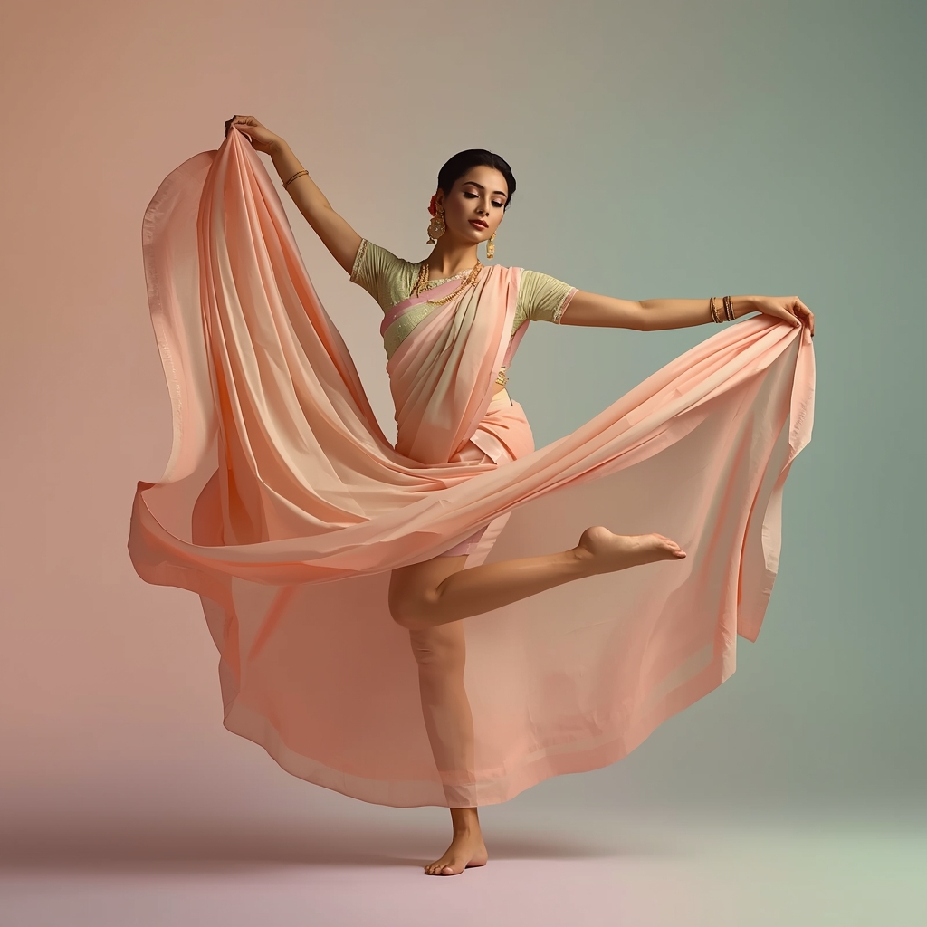 Festive Saree Girl Soft Toe Balance Circular Flow Pose | Ai Portrait Prompt