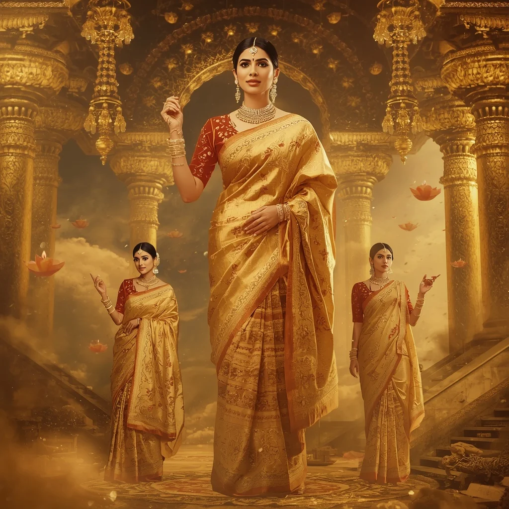 Festive Saree Golden Celestial Temple Empress Collage | Divine Majesty Prompt | Saree Instagram Ai Prompt