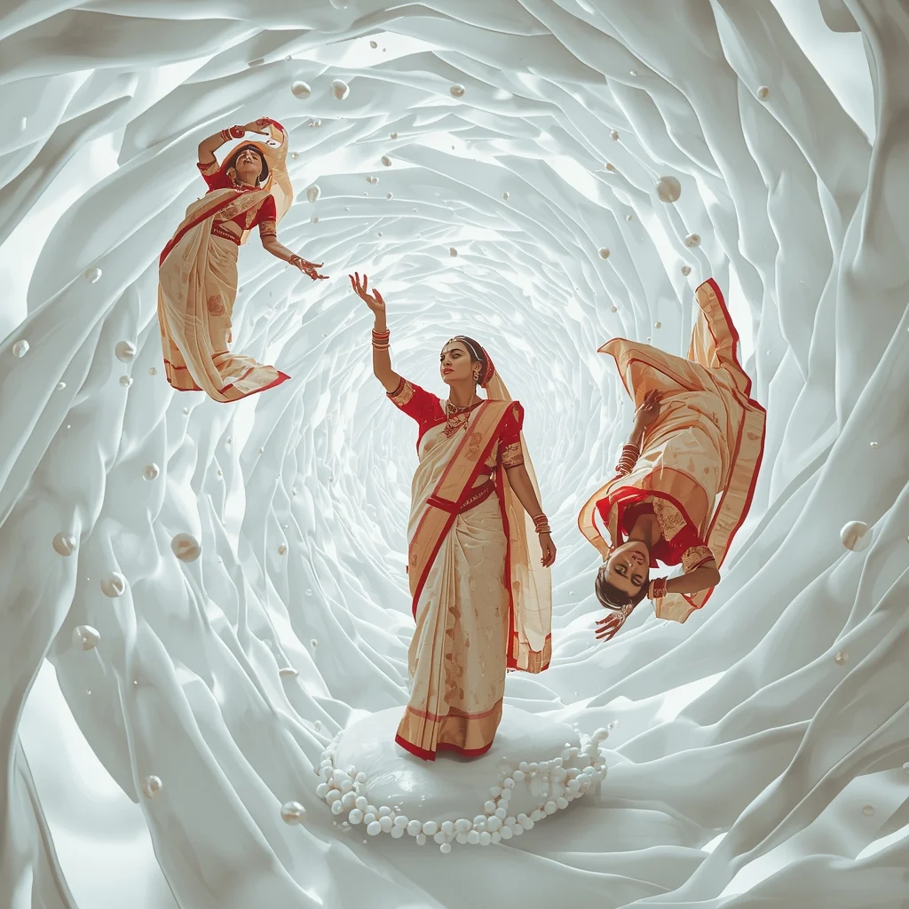 Festive Saree Liquid Pearl Vortex | Saree Pose Ai Prompt