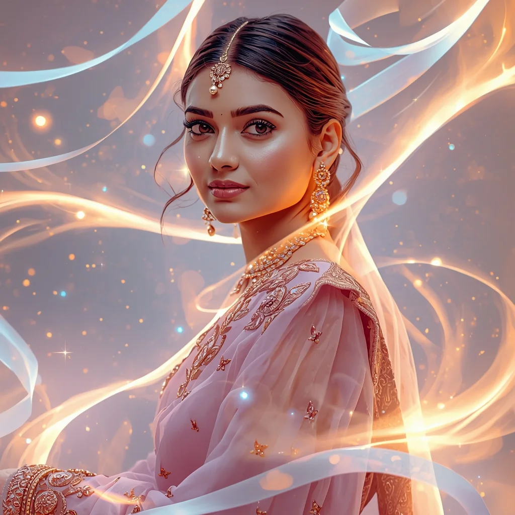 Festive Saree Soft Ribbon Galaxy Particle Flow Collage | Ultra Bright Glow Prompt | Gemini Girl Photo Prompt Saree
