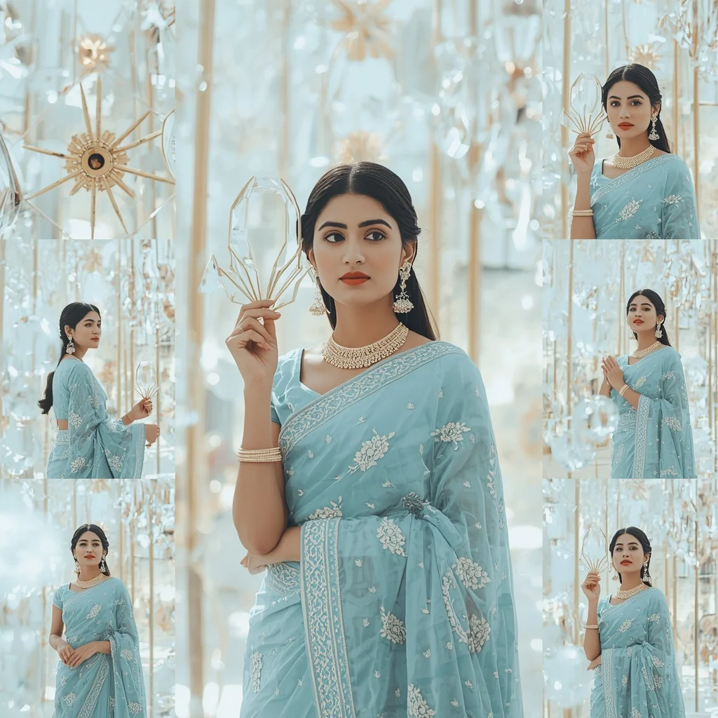Festive Sea Azure Saree Spinning Diamond Carousel Architecture Bloom | Gemini Photo Prompt
