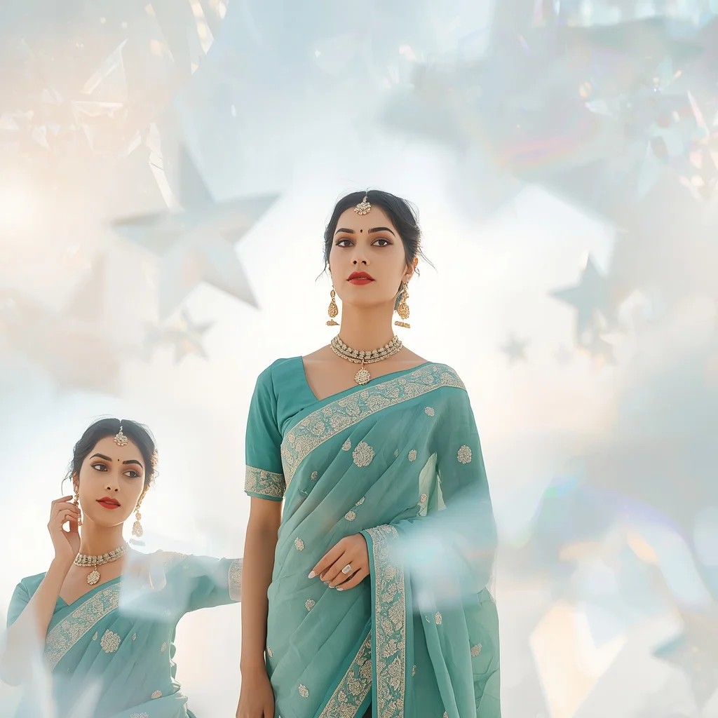 Festive Teal Saree Sunlit Floating Opal Geometric Star | Ai Photo Editing Prompt