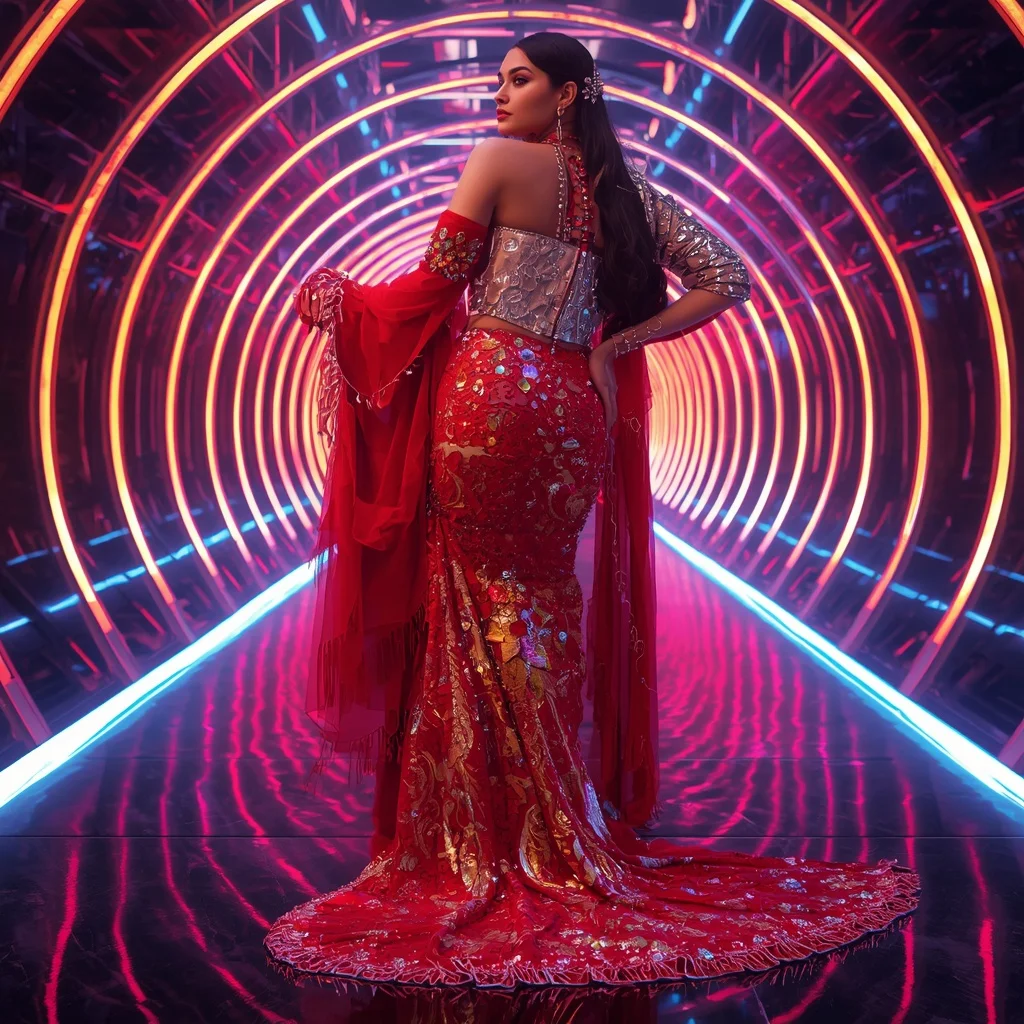 Fire Lotus Galaxy Saree with Quantum Neon Reflection Observatory | Aesthetic Ai Prompt