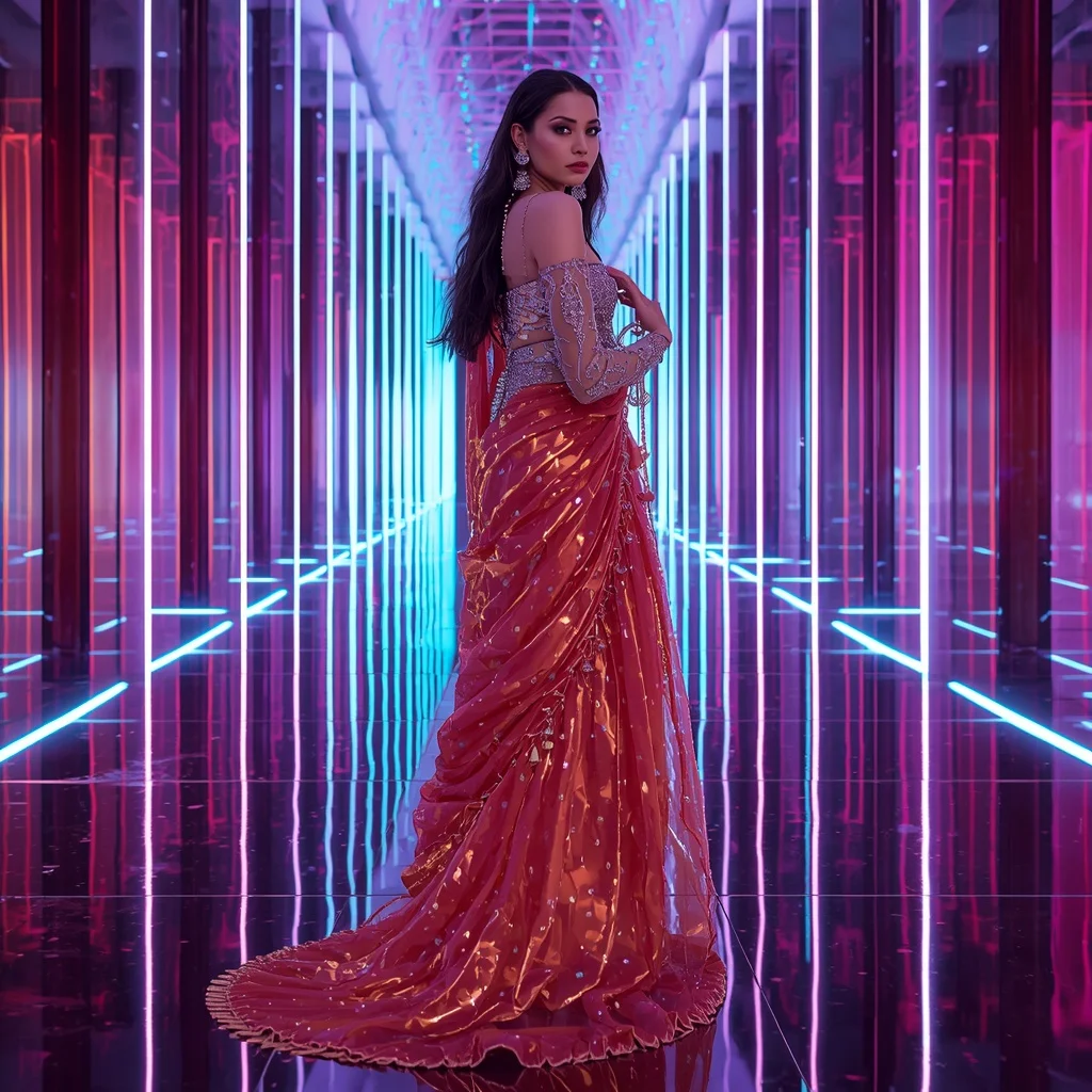 Fire Lotus Nebula Saree with Quantum Neon Reflection Cathedral | Woman Pose Ai Prompt