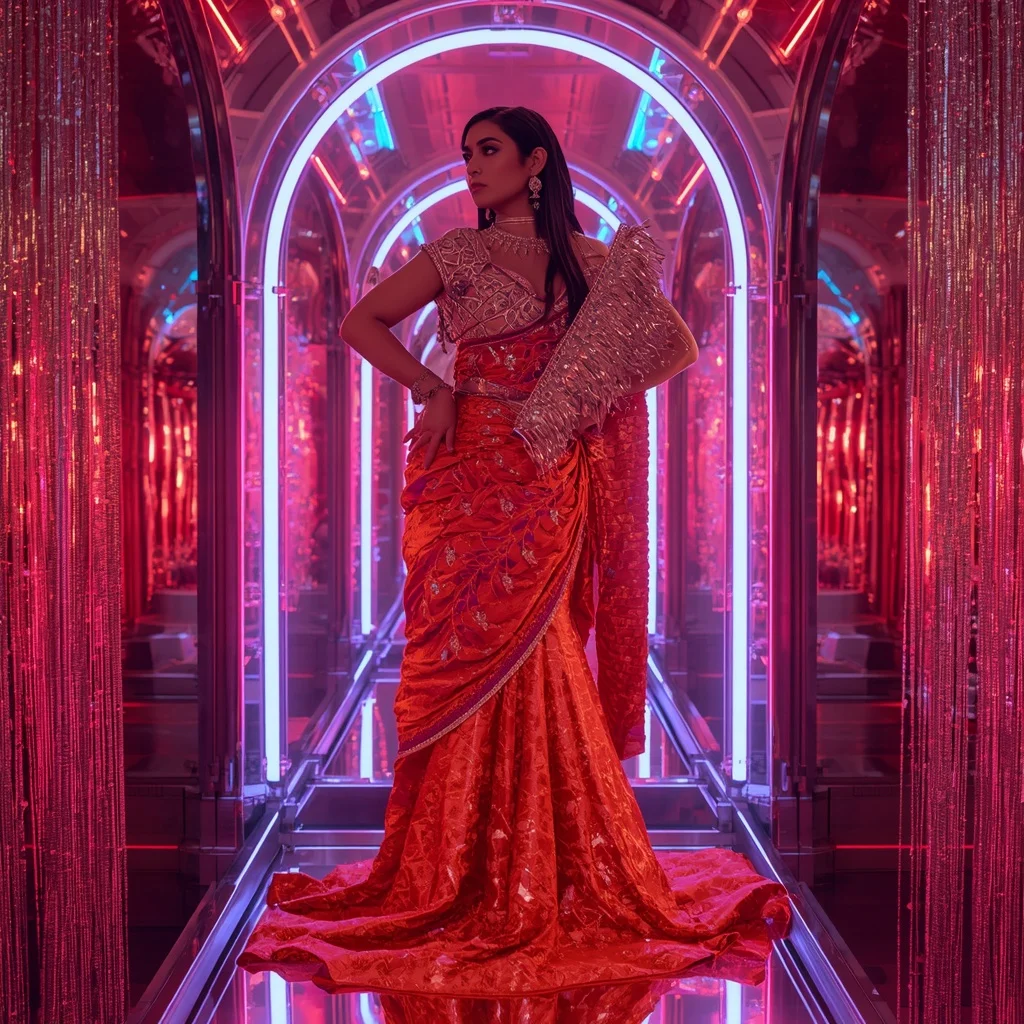 Fire Lotus Nebula Saree with Quantum Neon Reflection Dome | Ai Image Prompt