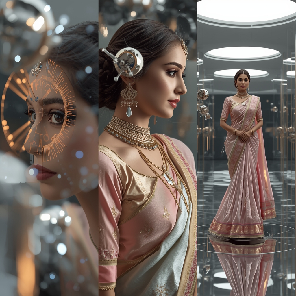 Floating Ancient Clockwork Cyber Relics Saree Premium Collage | Wedding Saree Ai Prompt