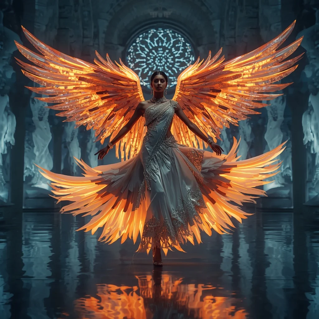 Floating Aurora Falcon Flame Saree with Frozen Sky Reflection Cathedral | Ai Gemini Photo Prompt