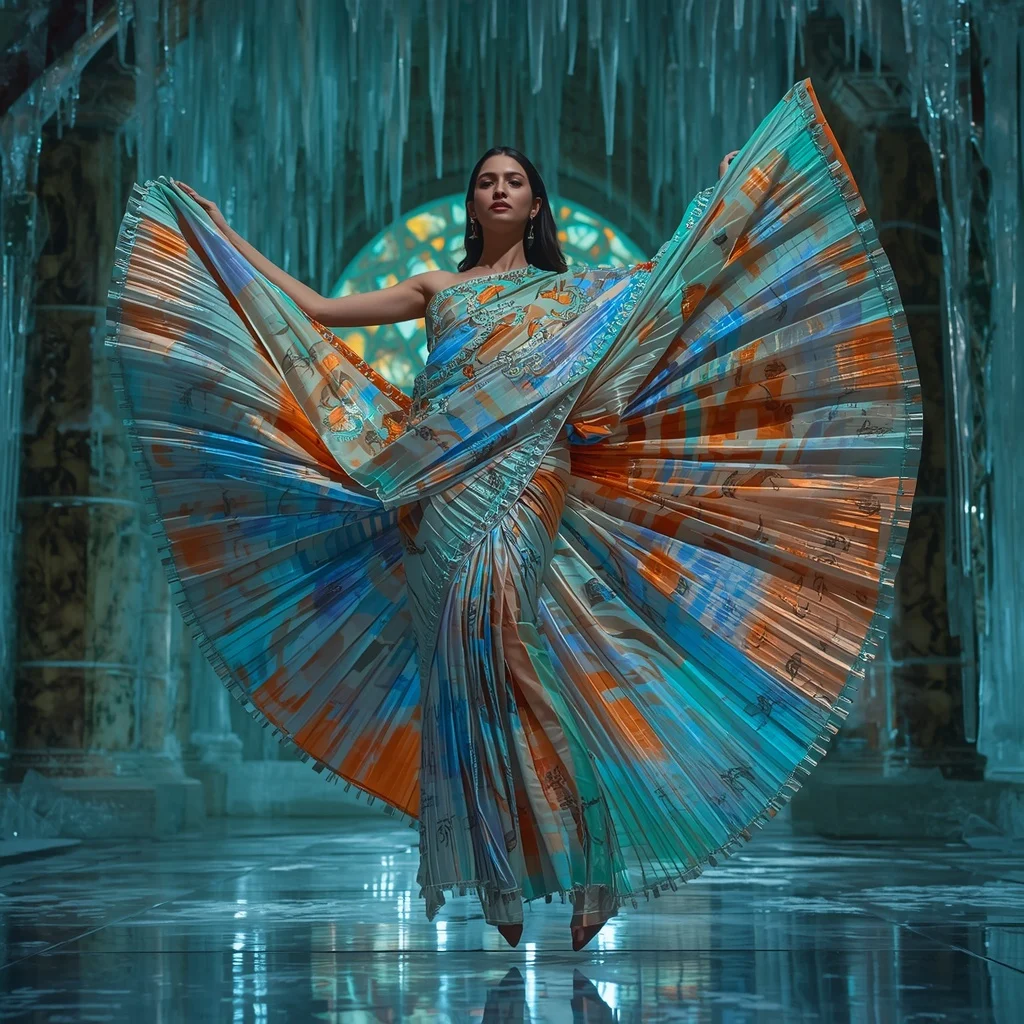 Floating Aurora Tiger Saree with Frozen Jungle Cathedral | Gemini Girl Photo Prompt Indian Style