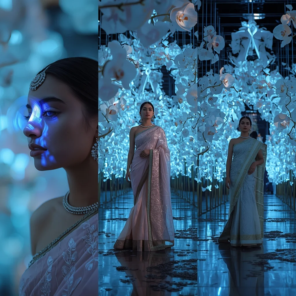 Floating Bioluminescent Ghost Orchid Saree Triptych | Desi Saree Ai Prompt