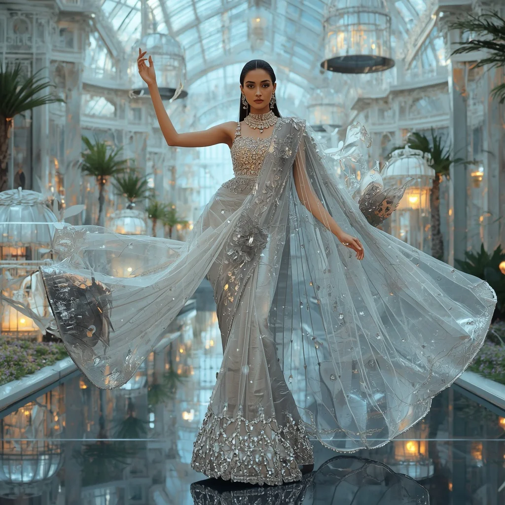 Floating Crystal Birdcage Saree with Luxury Sky Conservatory Realm | New Instagram Trend Prompt For Girl Aesthetic