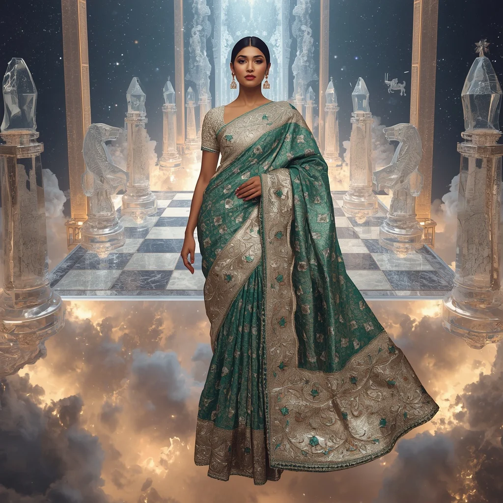 Floating Crystal Chessboard Saree with Giant Moving Kingdom | Prompt Generator